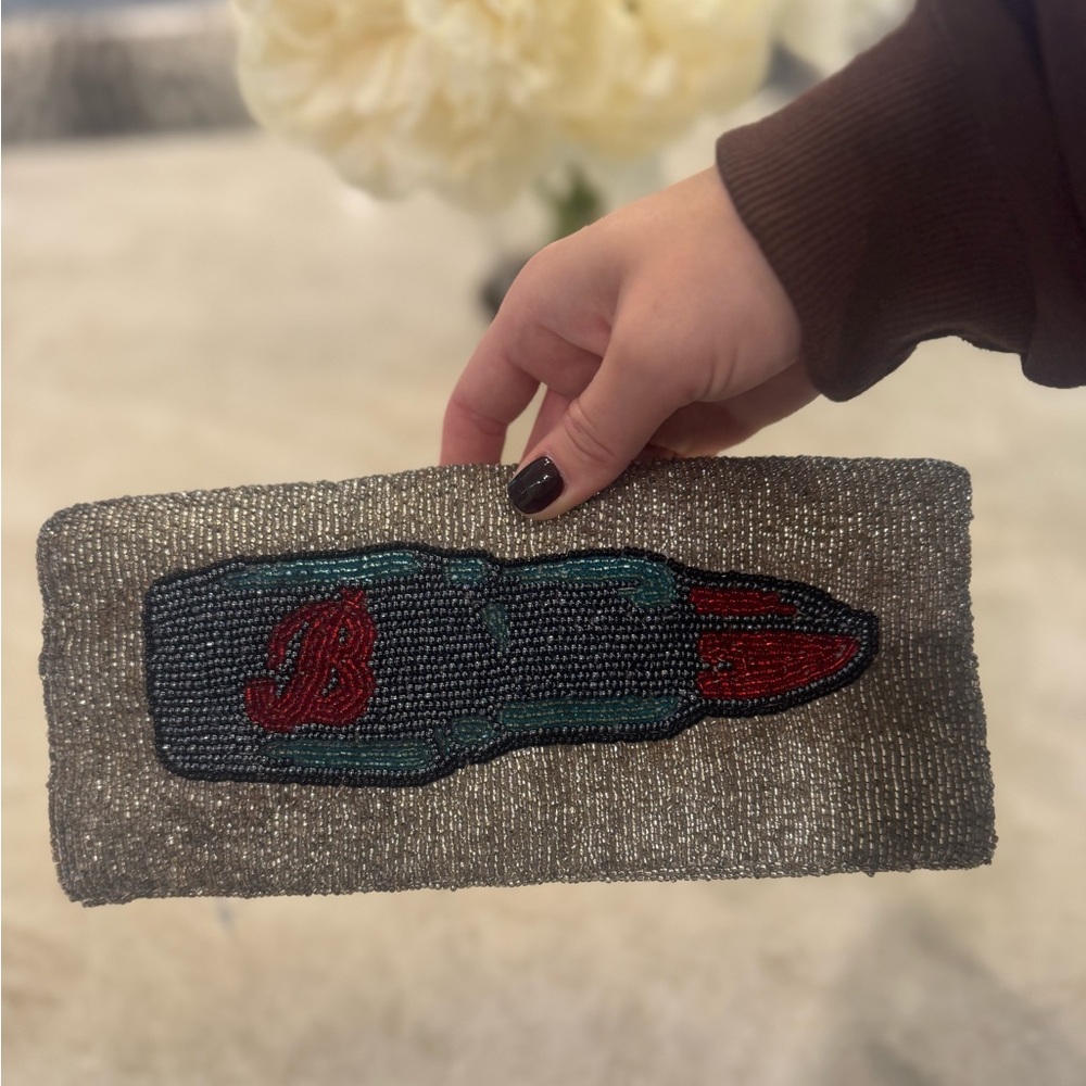 Betsey Johnson Silver Beaded Lipstick Clutch - NEVER USED, LIKE NEW!!